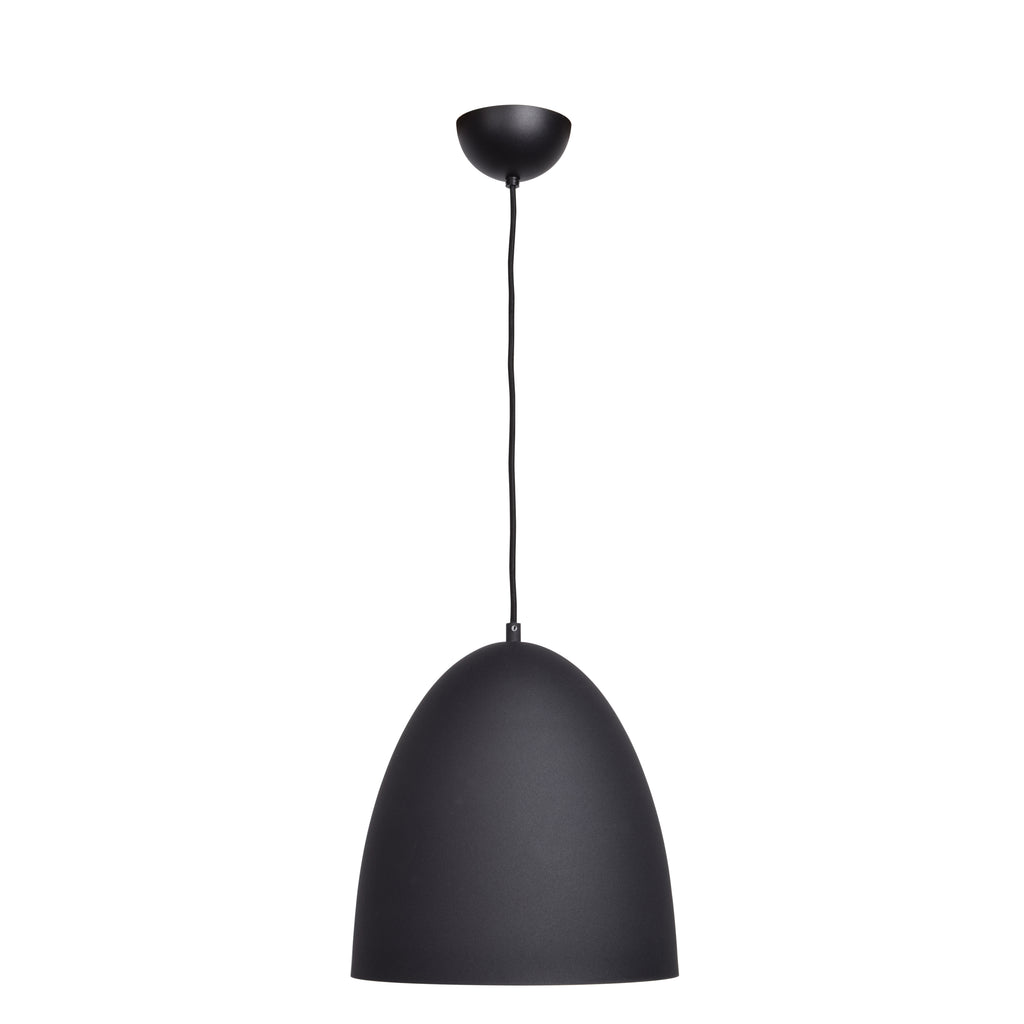 The Liberty LED Pendant by Access Lighting features a black, dome-shaped design with a matte finish and hangs from the ceiling by a black cord.