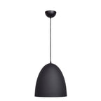 The Liberty LED Pendant by Access Lighting features a black, dome-shaped design with a matte finish and hangs from the ceiling by a black cord.