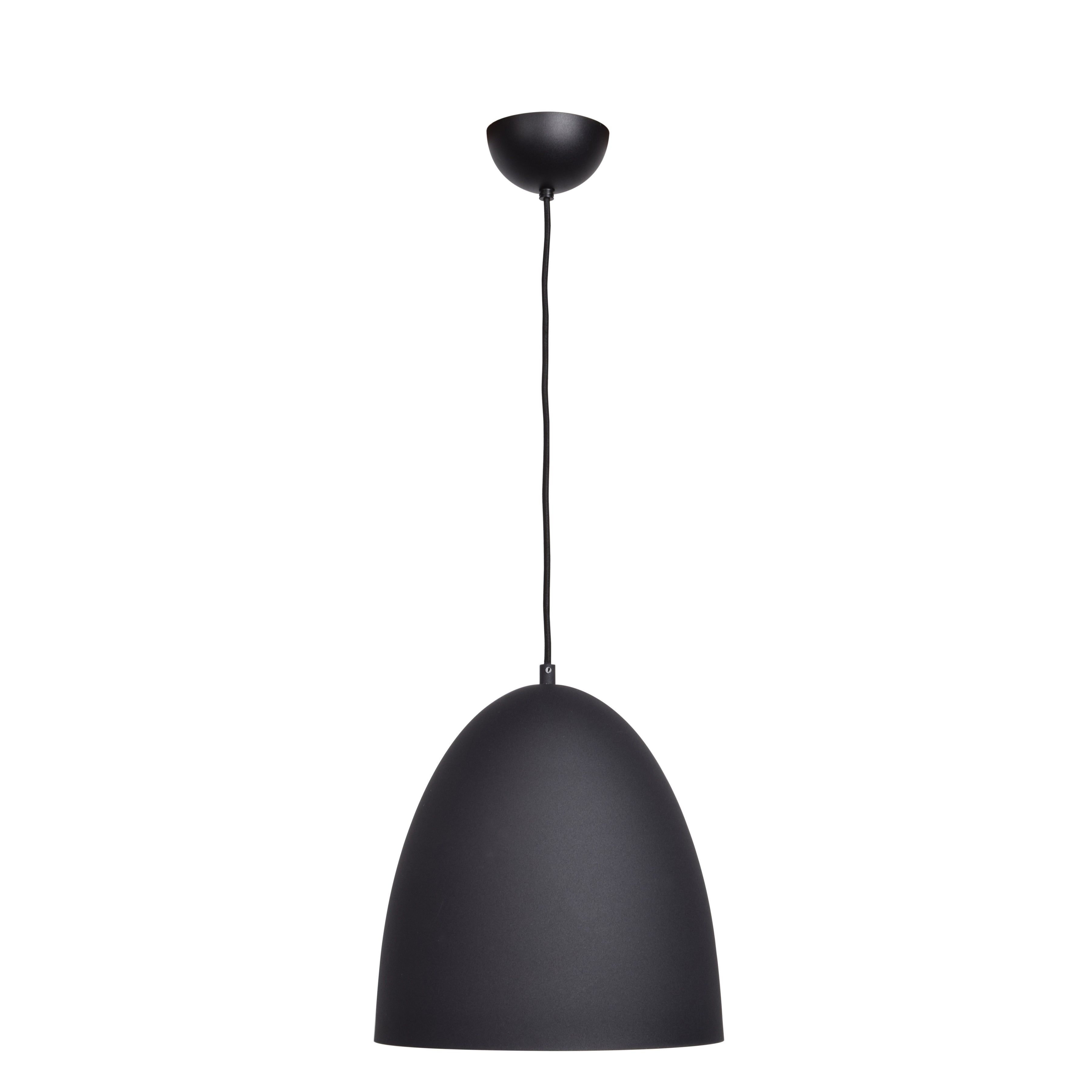 The Liberty LED Pendant by Access Lighting features a black, dome-shaped design with a matte finish and hangs from the ceiling by a black cord.