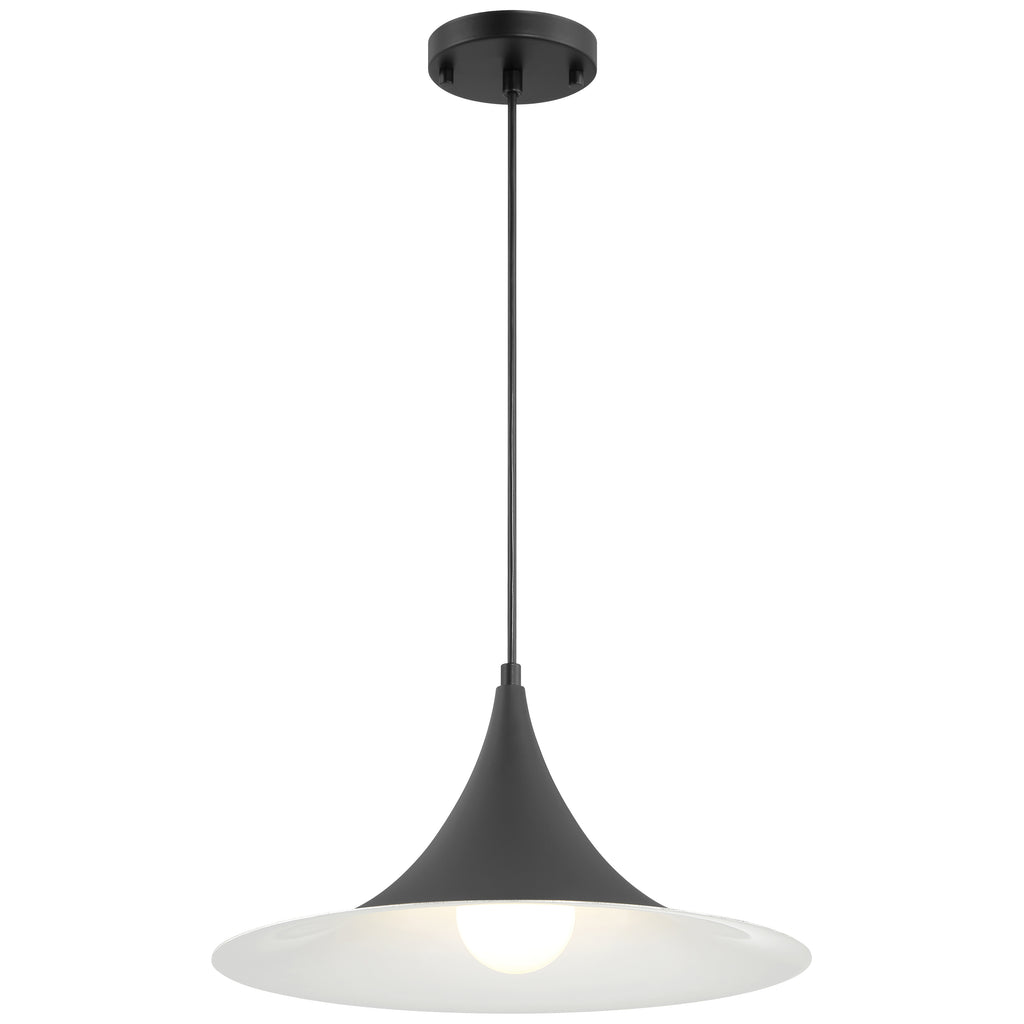 The Costa LED Pendant by Access Lighting features a modern matte black finish with a wide, cone-shaped 15.75″ shade and a visible round bulb, suspended from the ceiling by a straight rod.