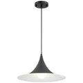 The Costa LED Pendant by Access Lighting features a modern matte black finish with a wide, cone-shaped 15.75″ shade and a visible round bulb, suspended from the ceiling by a straight rod.