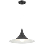 The Costa LED Pendant by Access Lighting features a modern matte black finish with a wide, cone-shaped 15.75″ shade and a visible round bulb, suspended from the ceiling by a straight rod.