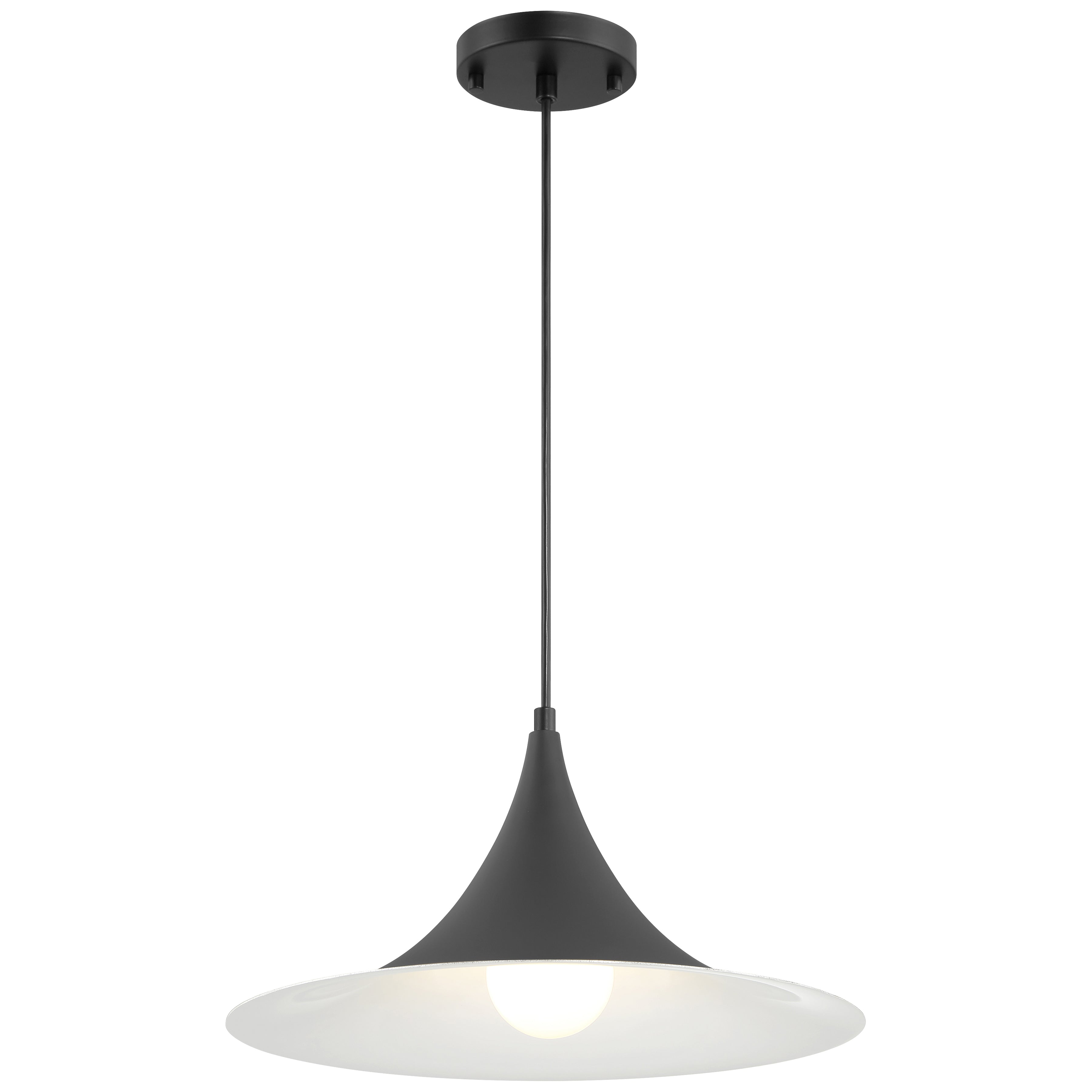 The Costa LED Pendant by Access Lighting features a modern matte black finish with a wide, cone-shaped 15.75″ shade and a visible round bulb, suspended from the ceiling by a straight rod.