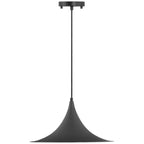 The Costa LED Pendant by Access Lighting features a wide, cone-shaped shade in matte black (15.75″) suspended from a slender rod and attached to a round ceiling mount.