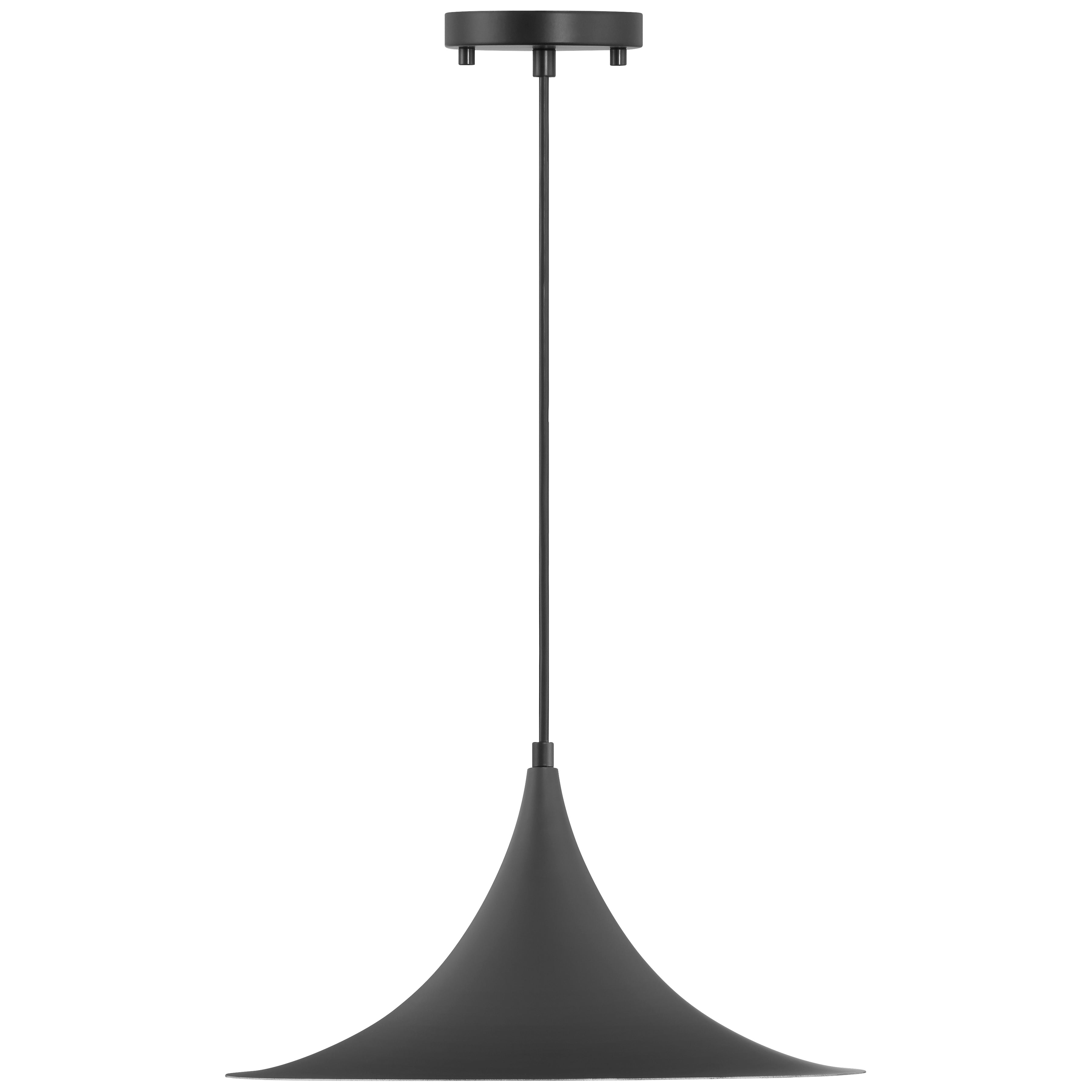 The Costa LED Pendant by Access Lighting features a wide, cone-shaped shade in matte black (15.75″) suspended from a slender rod and attached to a round ceiling mount.