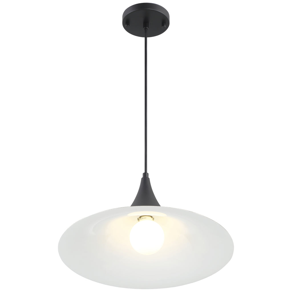 The Costa LED Pendant by Access Lighting features a modern design with a matte black mount and rod, complemented by a round white glass shade encasing the illuminated bulb.