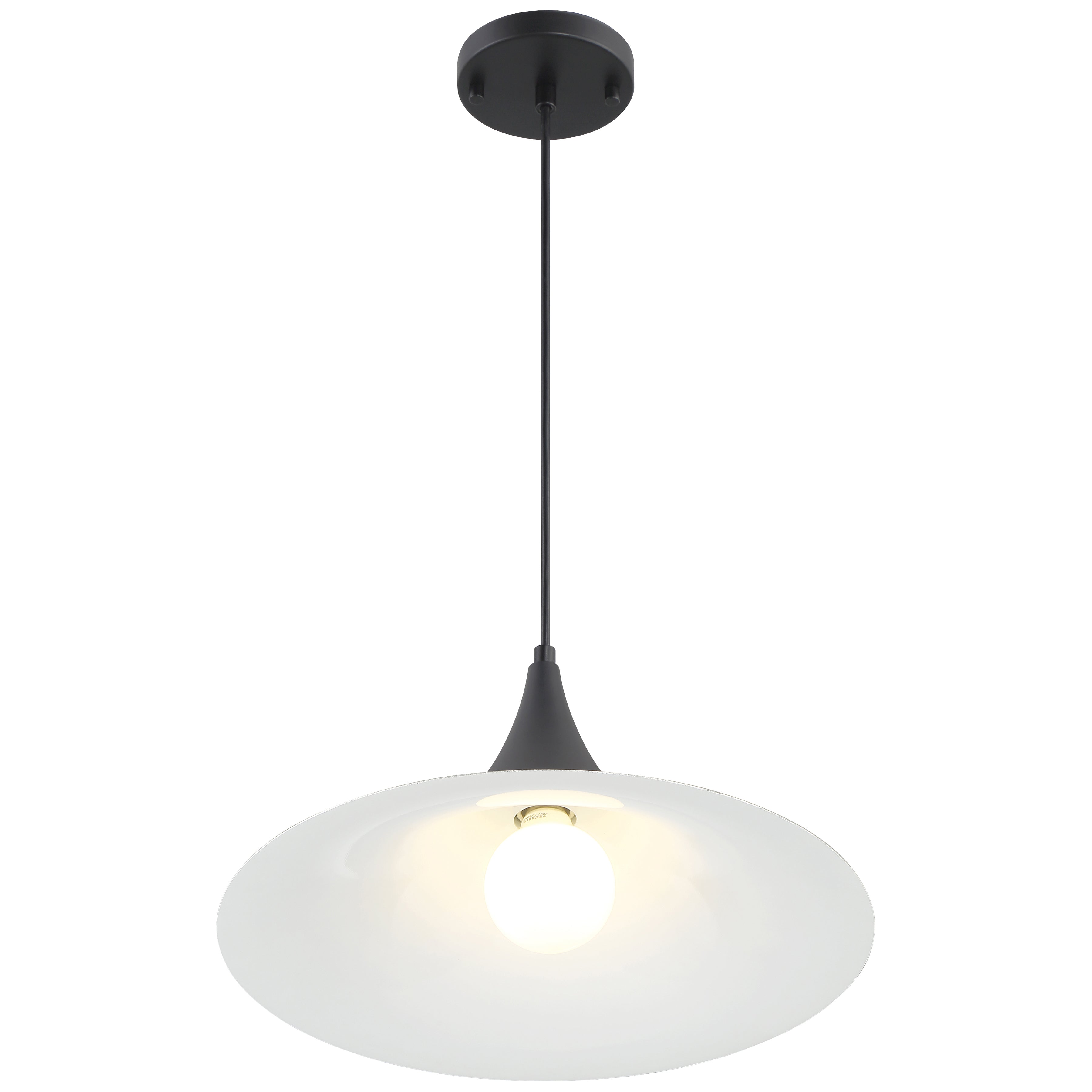 The Costa LED Pendant by Access Lighting features a modern design with a matte black mount and rod, complemented by a round white glass shade encasing the illuminated bulb.