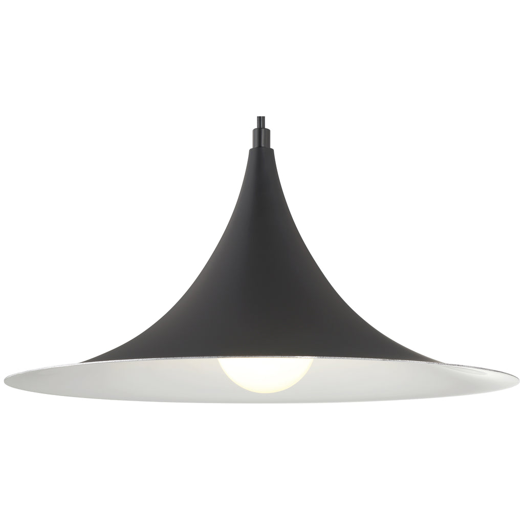 The Costa LED Pendant by Access Lighting features a modern matte black finish, a wide 15.75″ flared shade, and a visible bulb suspended from a cord, shown against a white background.