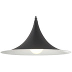 The Costa LED Pendant by Access Lighting features a modern matte black finish, a wide 15.75″ flared shade, and a visible bulb suspended from a cord, shown against a white background.