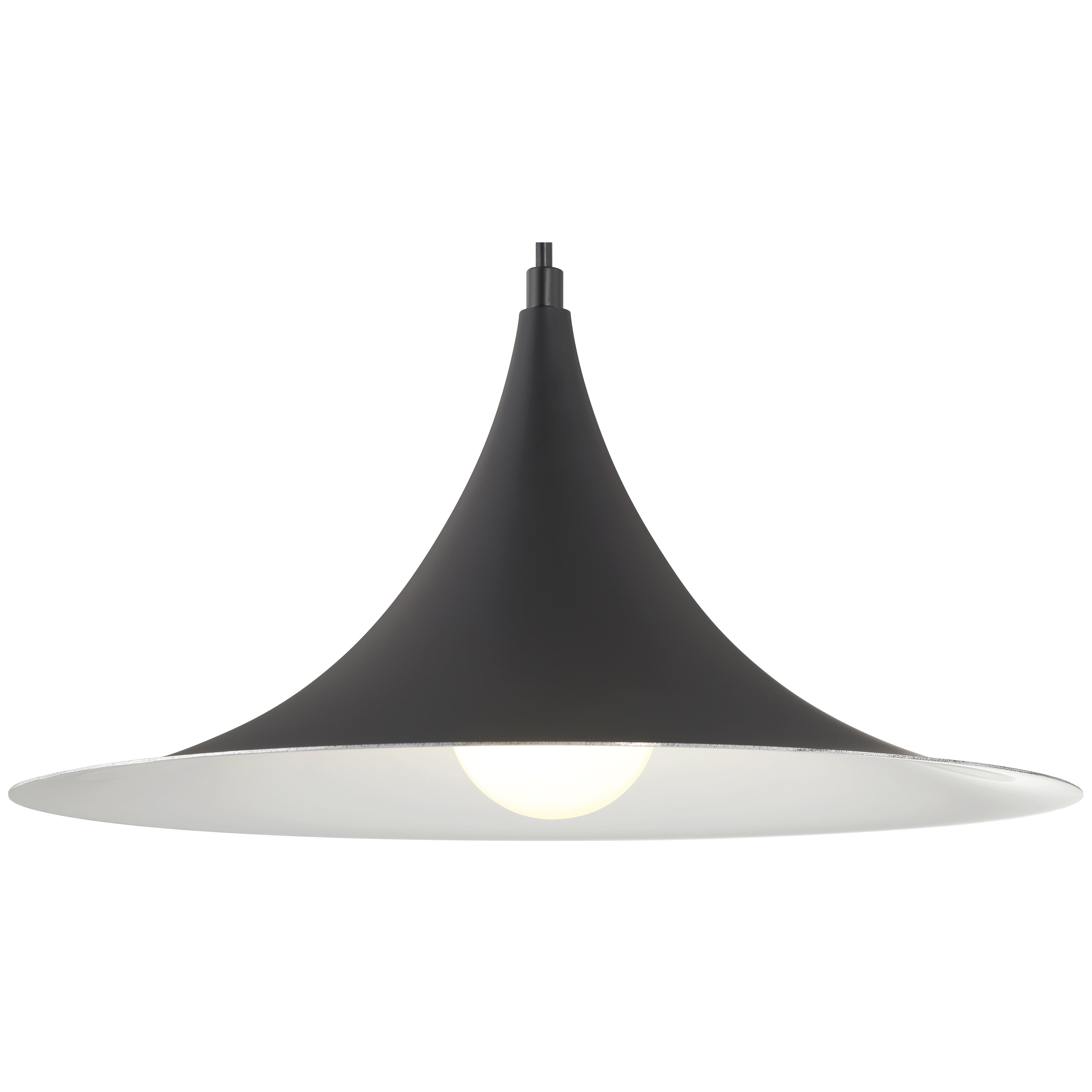 The Costa LED Pendant by Access Lighting features a modern matte black finish, a wide 15.75″ flared shade, and a visible bulb suspended from a cord, shown against a white background.