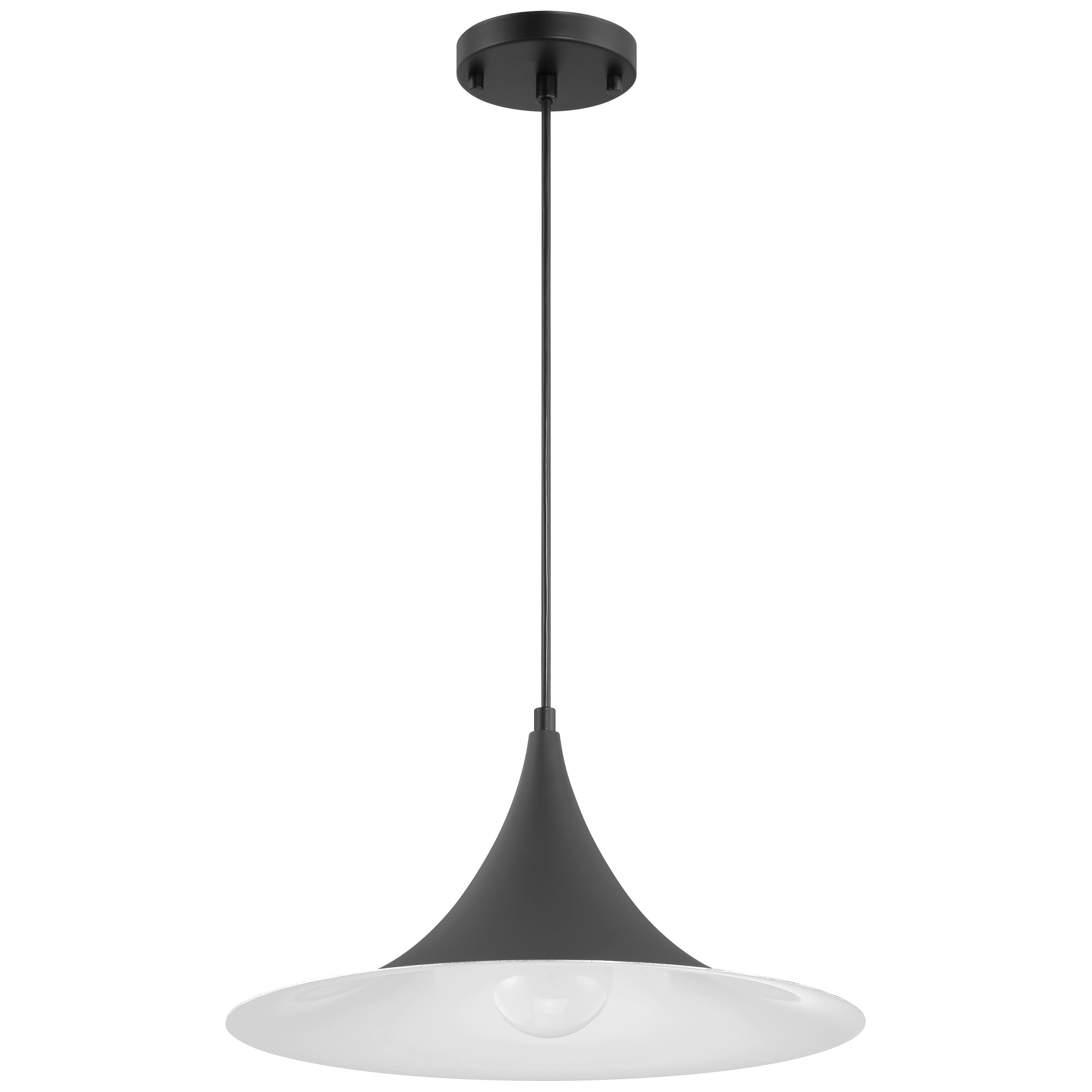 The Costa LED Pendant by Access Lighting features a modern matte black finish and a wide, 15.75″ cone-shaped shade with a white diffuser, suspended from the ceiling by a straight rod.