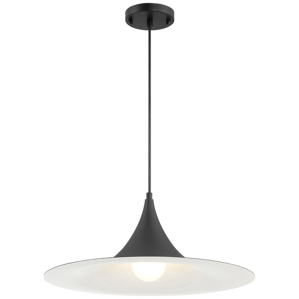 The Costa LED Pendant by Access Lighting features a wide, flat matte black 19″ shade and a white bulb, suspended from the ceiling with a sleek black cord.