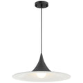 The Costa LED Pendant by Access Lighting features a wide, flat matte black 19″ shade and a white bulb, suspended from the ceiling with a sleek black cord.