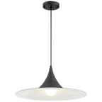 The Costa LED Pendant by Access Lighting features a wide, flat matte black 19″ shade and a white bulb, suspended from the ceiling with a sleek black cord.