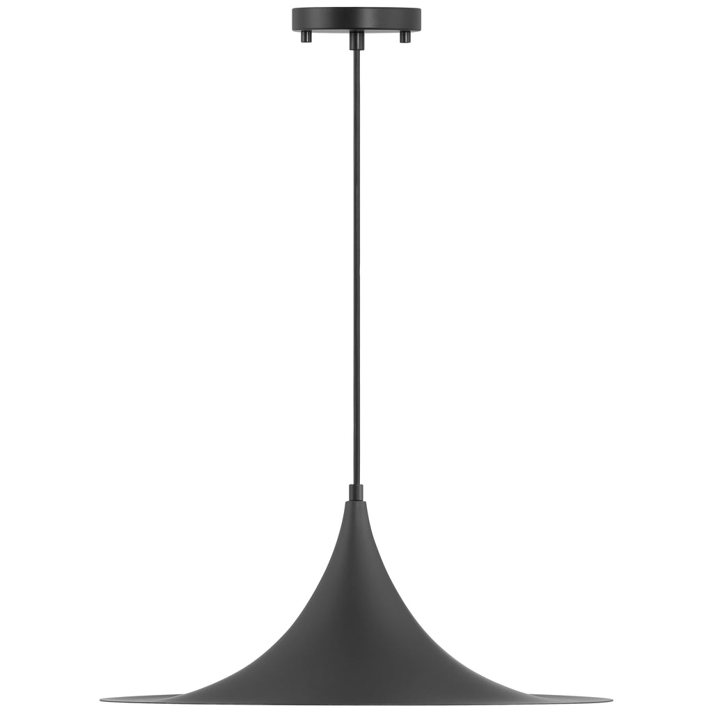 The Costa LED Pendant by Access Lighting features a modern design with a wide, flared 19″ matte black shade and a slim rod connecting to a round ceiling mount.