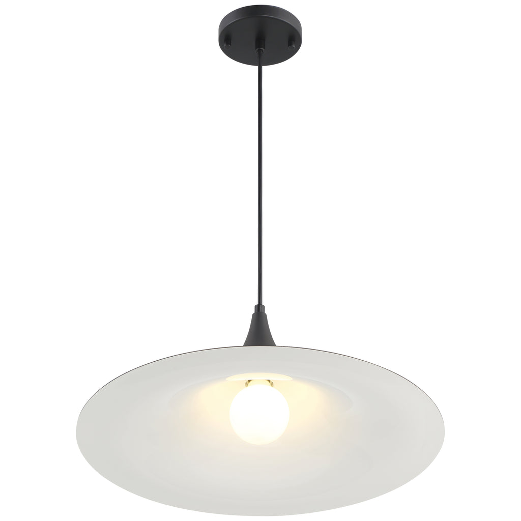 The Costa LED Pendant by Access Lighting features a matte black ceiling-mounted fixture with a 19-inch wide, white circular shade and a single exposed bulb suspended from a cord.
