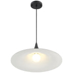The Costa LED Pendant by Access Lighting features a matte black ceiling-mounted fixture with a 19-inch wide, white circular shade and a single exposed bulb suspended from a cord.