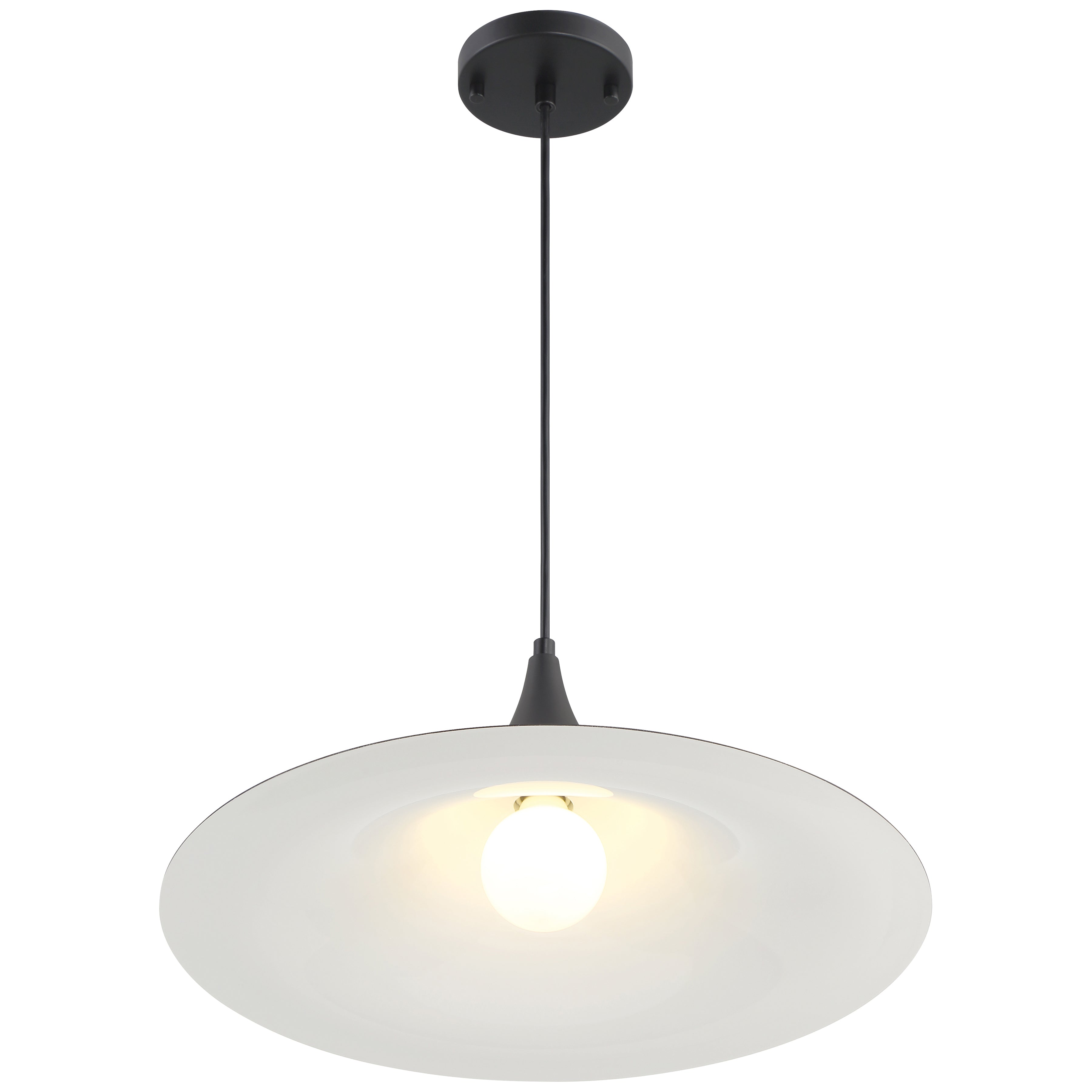 The Costa LED Pendant by Access Lighting features a matte black ceiling-mounted fixture with a 19-inch wide, white circular shade and a single exposed bulb suspended from a cord.