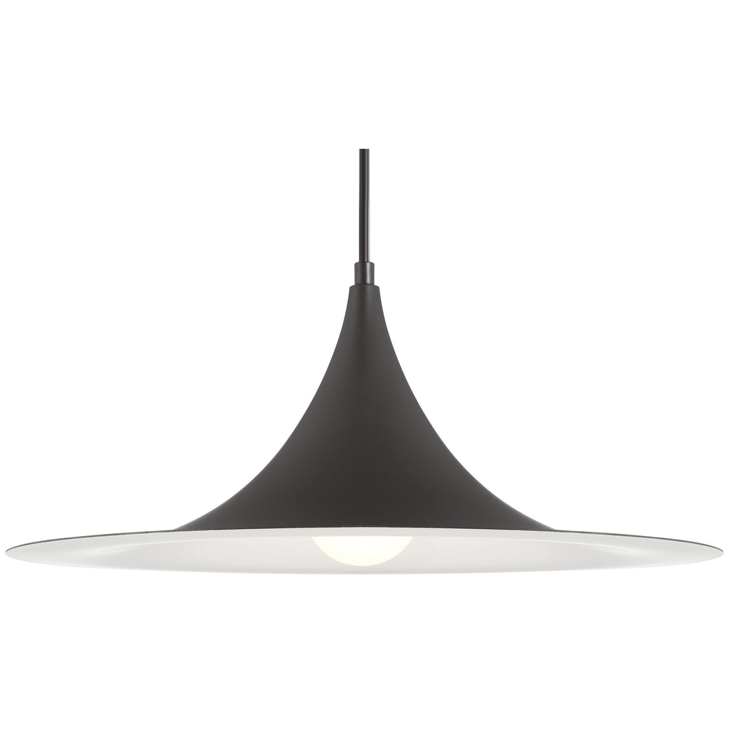 The Costa LED Pendant by Access Lighting features a modern matte black finish with a wide, flat, cone-shaped 19-inch shade and a central bulb, suspended elegantly from a cord.