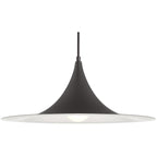 The Costa LED Pendant by Access Lighting features a modern matte black finish with a wide, flat, cone-shaped 19-inch shade and a central bulb, suspended elegantly from a cord.