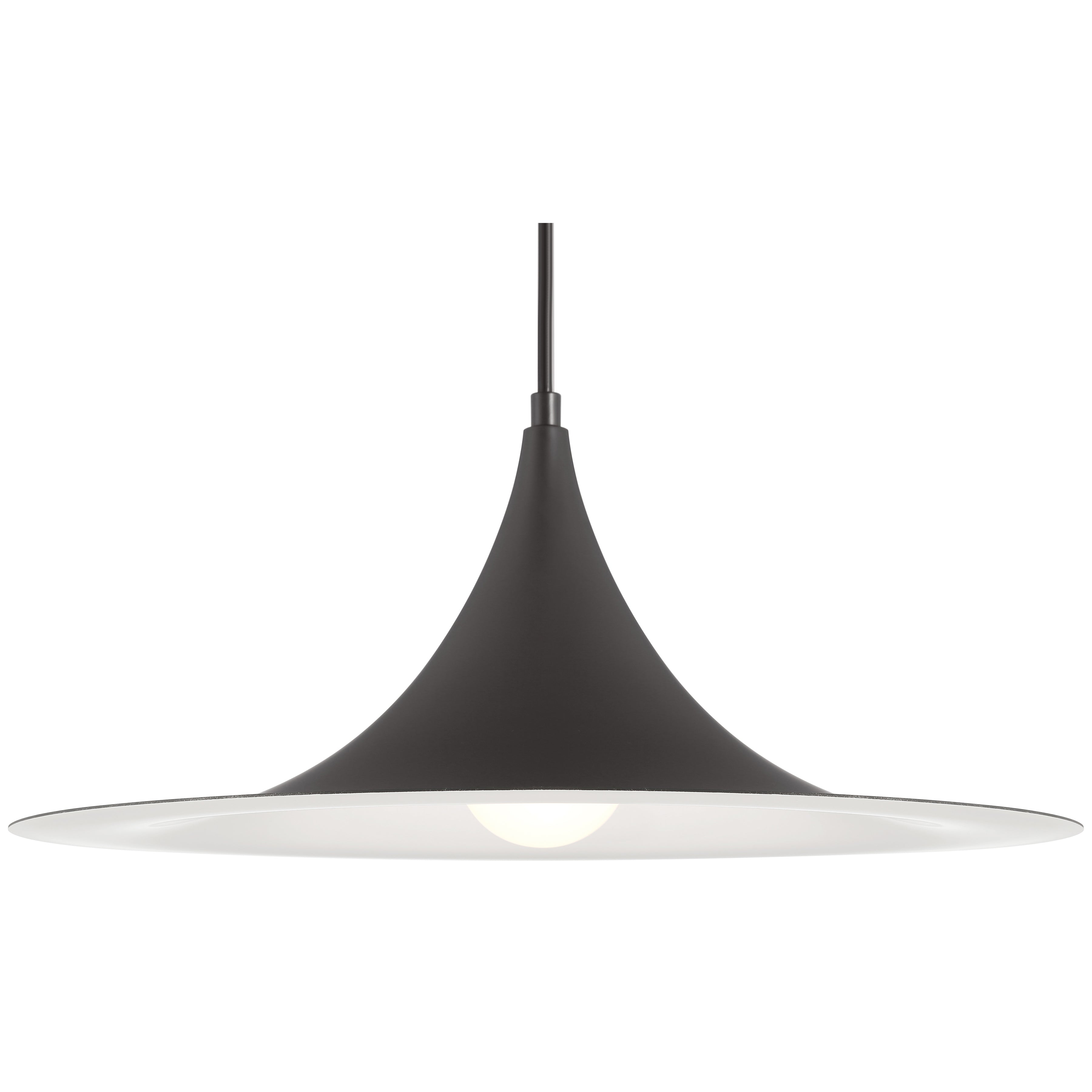 The Costa LED Pendant by Access Lighting features a modern matte black finish with a wide, flat, cone-shaped 19-inch shade and a central bulb, suspended elegantly from a cord.