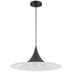 The Costa LED Pendant by Access Lighting features a matte black fixture with a slender rod and a wide, shallow white lampshade, suspended from the ceiling against a plain white background.