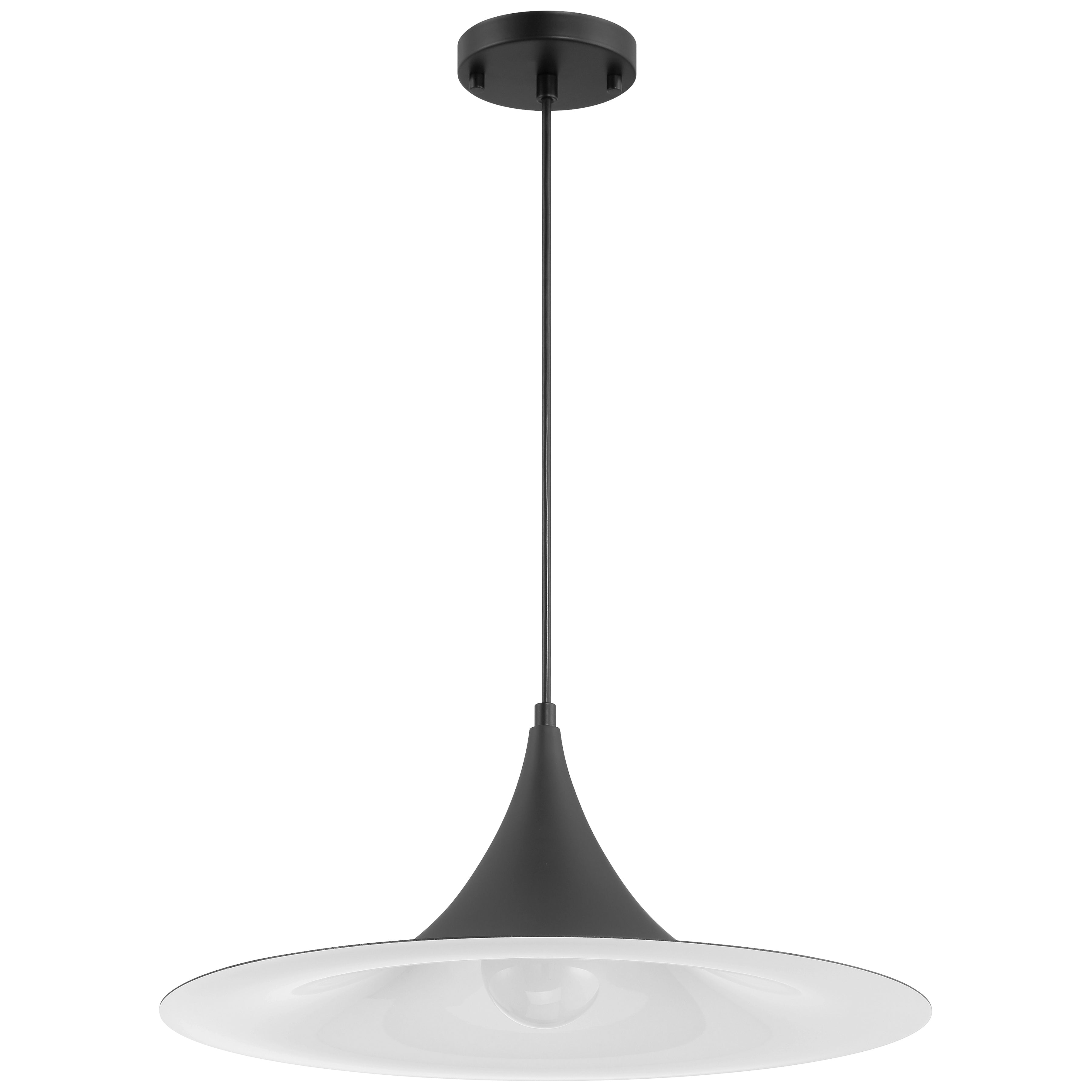 The Costa LED Pendant by Access Lighting features a matte black fixture with a slender rod and a wide, shallow white lampshade, suspended from the ceiling against a plain white background.