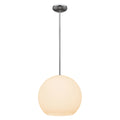 The Nitrogen LED Pendant by Access Lighting features a round, frosted glass shade suspended from a straight metal rod attached to a ceiling mount.