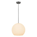 The Nitrogen LED Pendant by Access Lighting features a round, frosted glass shade suspended from a straight metal rod attached to a ceiling mount.