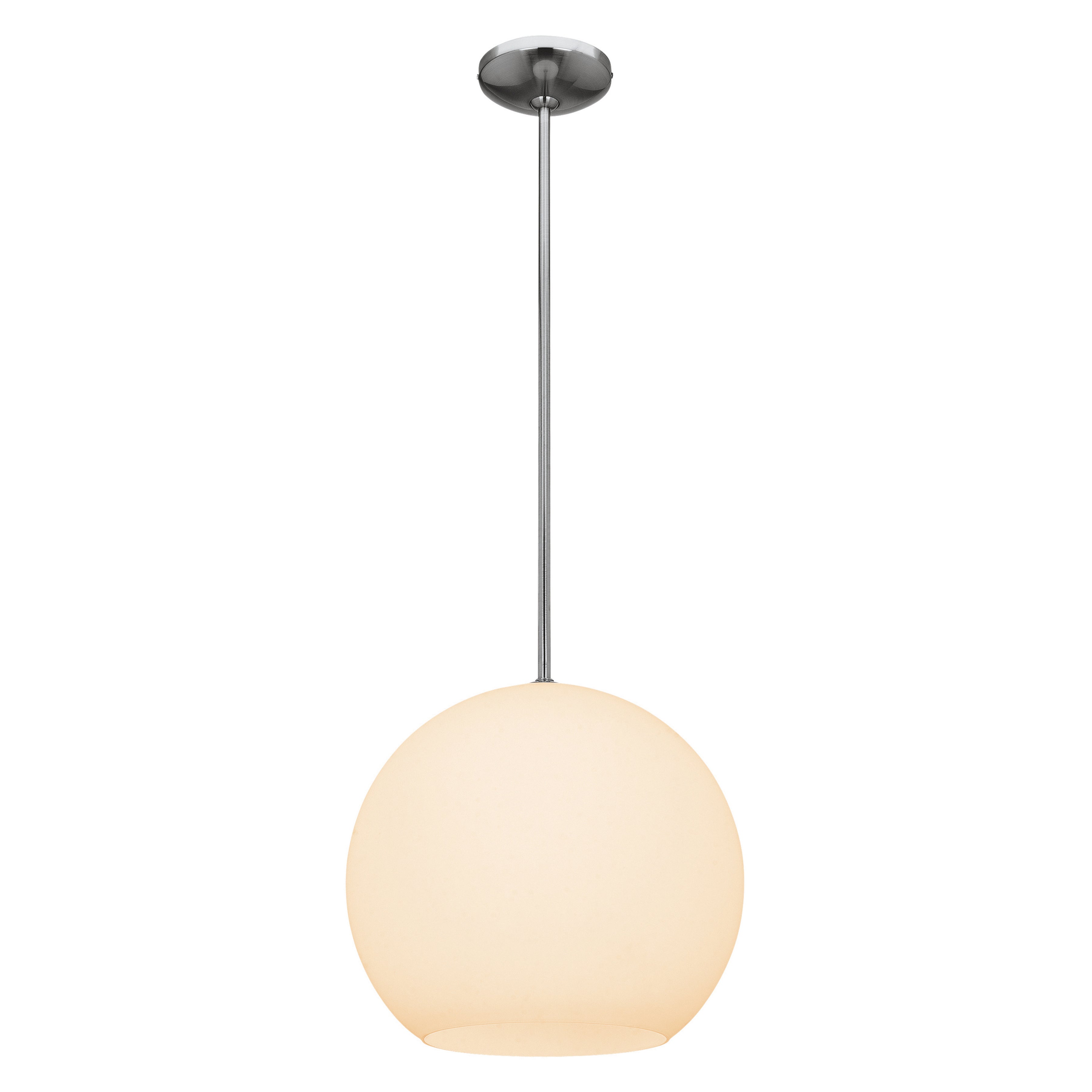 The Nitrogen LED Pendant by Access Lighting features a round, frosted glass shade suspended from a straight metal rod attached to a ceiling mount.