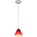 The Martini Pendant (28004-1C-BS/RED) by Access Lighting features a red, cone-shaped shade suspended from a ceiling mount by a cord, casting downward illumination when switched on.