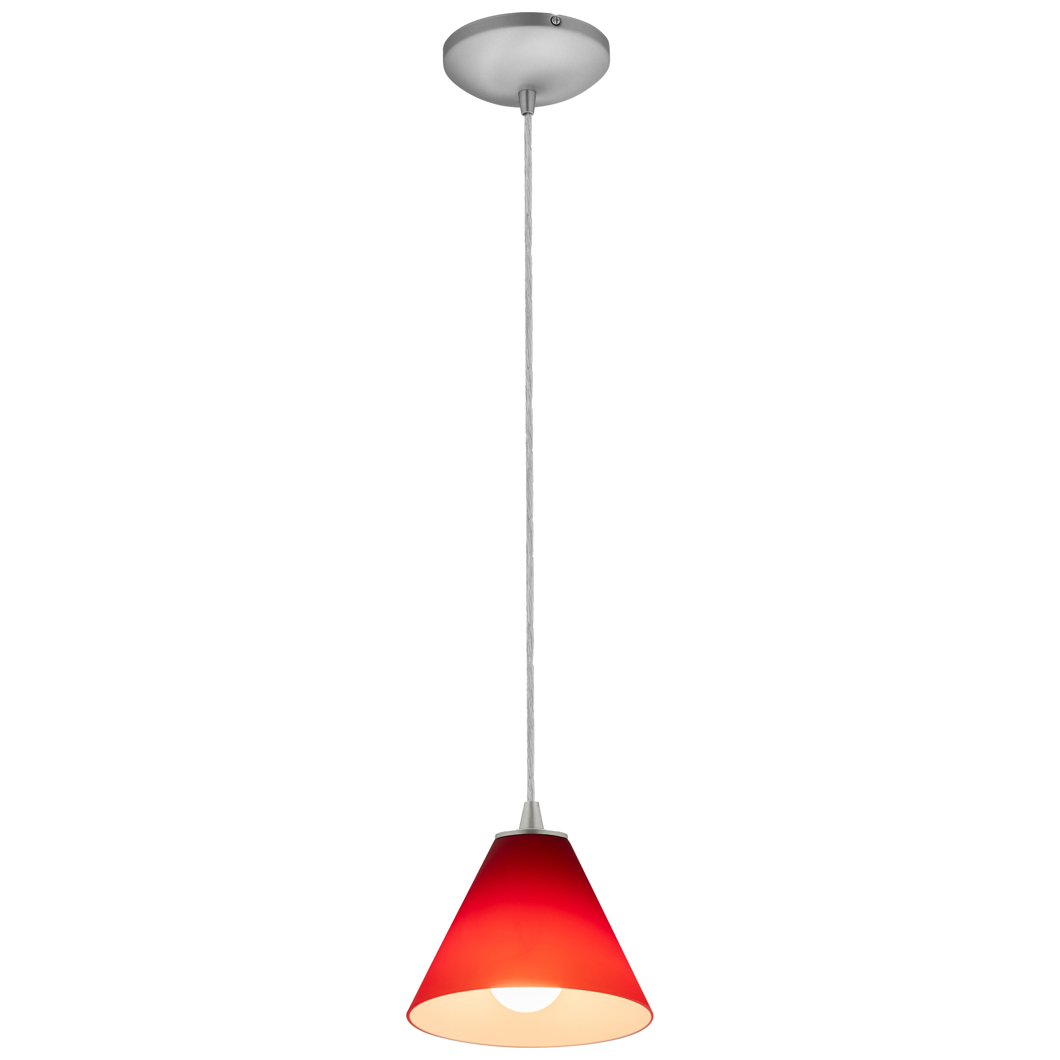 The Martini Pendant (28004-1C-BS/RED) by Access Lighting features a red, cone-shaped shade suspended from a ceiling mount by a cord, casting downward illumination when switched on.