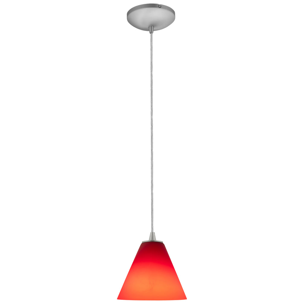 The Access Lighting Martini Pendant (28004-1C-BS/RED) features a red conical glass shade, suspended by a cord from a sleek silver ceiling mount.