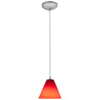 The Access Lighting Martini Pendant (28004-1C-BS/RED) features a red conical glass shade, suspended by a cord from a sleek silver ceiling mount.