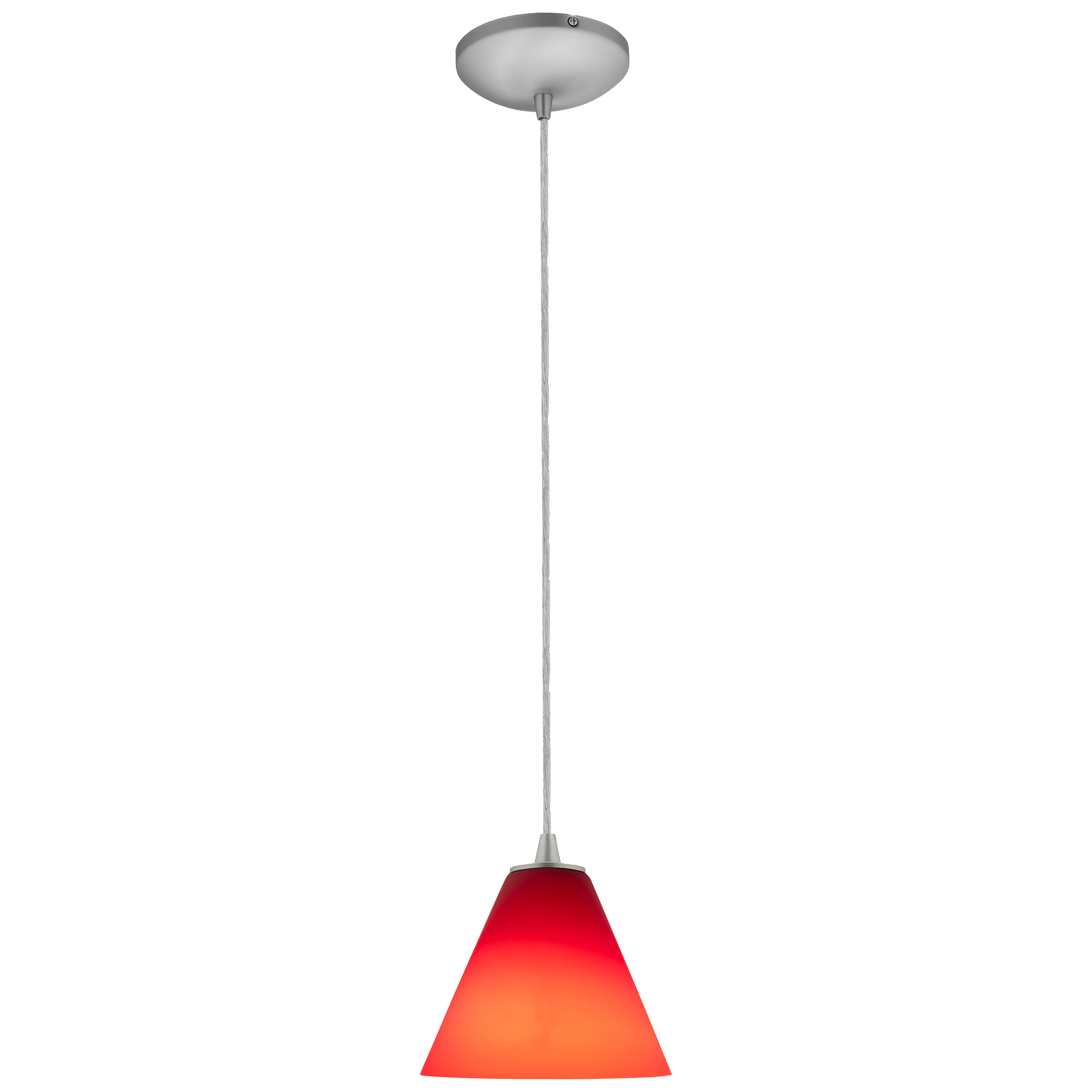 The Access Lighting Martini Pendant (28004-1C-BS/RED) features a red conical glass shade, suspended by a cord from a sleek silver ceiling mount.