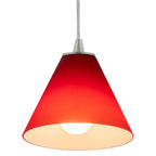 Martini Pendant (28004-1C-BS/RED) by Access Lighting in a striking red conical design, featuring a visible bulb and suspended from a white cord against a plain white background.