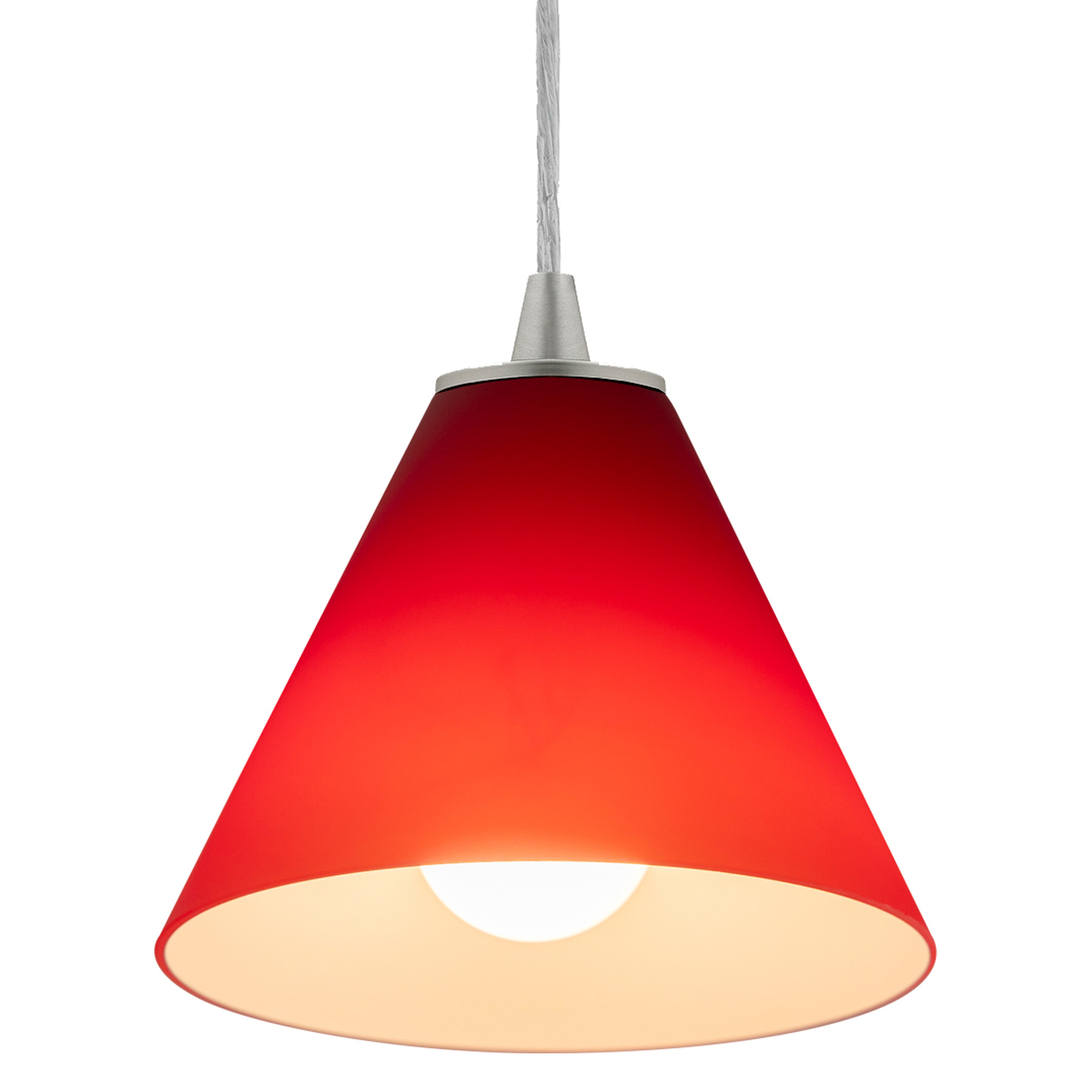 Martini Pendant (28004-1C-BS/RED) by Access Lighting in a striking red conical design, featuring a visible bulb and suspended from a white cord against a plain white background.