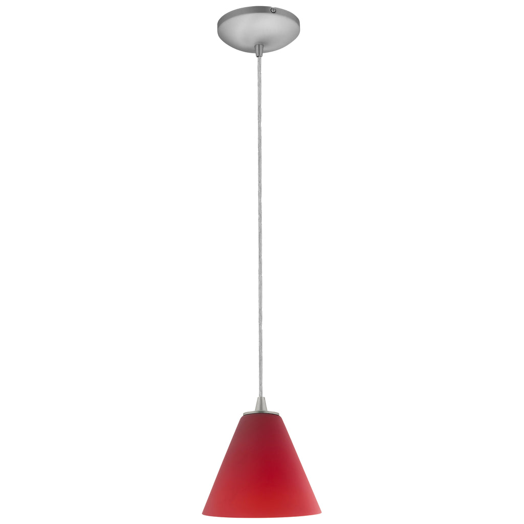 Martini Pendant (28004-1C-BS/RED) by Access Lighting: A red, cone-shaped pendant light featuring a silver ceiling mount and cord, displayed against a white background.
