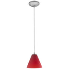 Martini Pendant (28004-1C-BS/RED) by Access Lighting: A red, cone-shaped pendant light featuring a silver ceiling mount and cord, displayed against a white background.