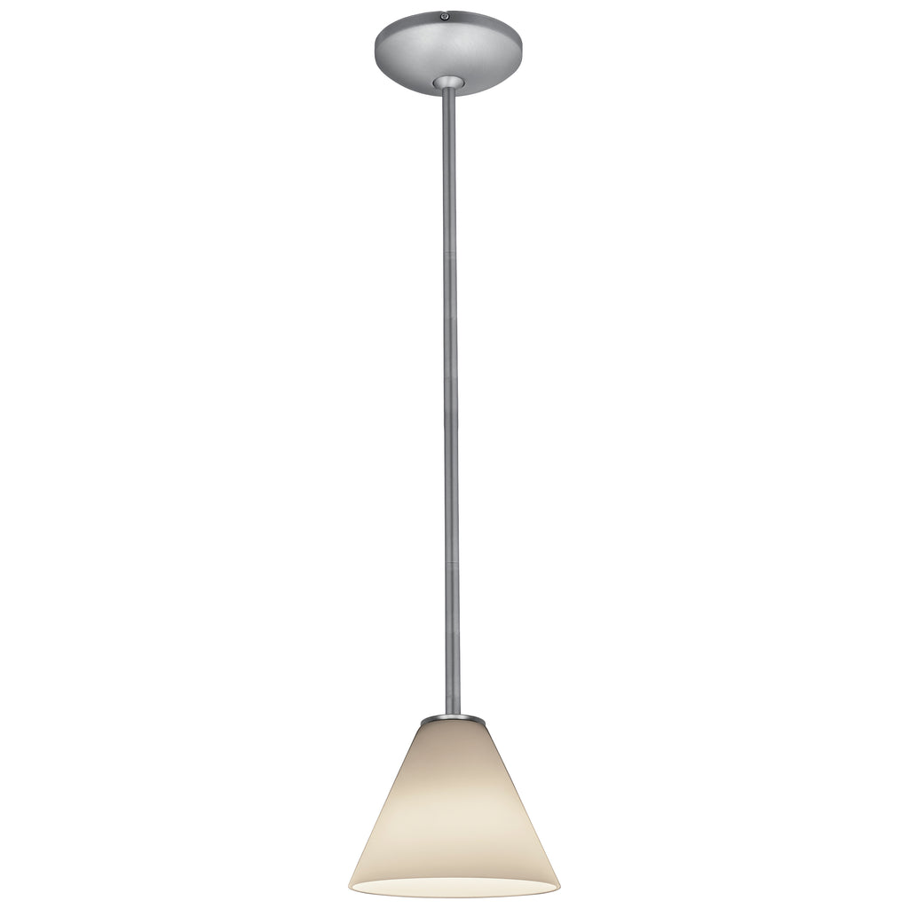 The Martini Pendant (28004-1R-BS/WHT) by Access Lighting features a single light fixture suspended from a round ceiling mount, showcasing a sleek metallic rod and a conical frosted glass shade.
