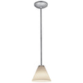 The Martini Pendant (28004-1R-BS/WHT) by Access Lighting features a single light fixture suspended from a round ceiling mount, showcasing a sleek metallic rod and a conical frosted glass shade.