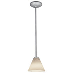The Martini Pendant (28004-1R-BS/WHT) by Access Lighting features a single light fixture suspended from a round ceiling mount, showcasing a sleek metallic rod and a conical frosted glass shade.
