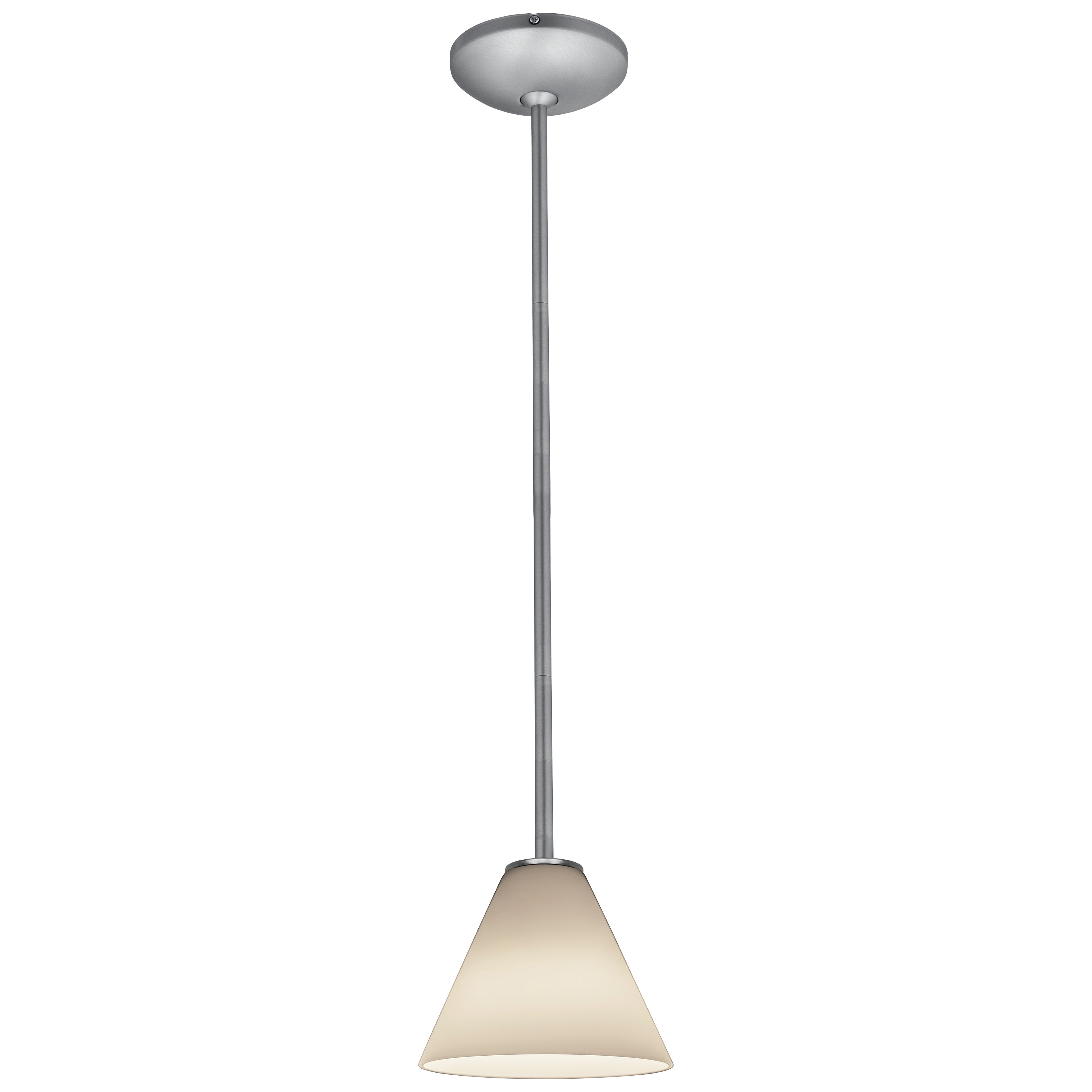 The Martini Pendant (28004-1R-BS/WHT) by Access Lighting features a single light fixture suspended from a round ceiling mount, showcasing a sleek metallic rod and a conical frosted glass shade.