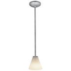 The Martini Pendant (28004-1R-BS/WHT) by Access Lighting features a brushed metal rod and a frosted glass conical shade, suspended from a circular ceiling mount against a white background.