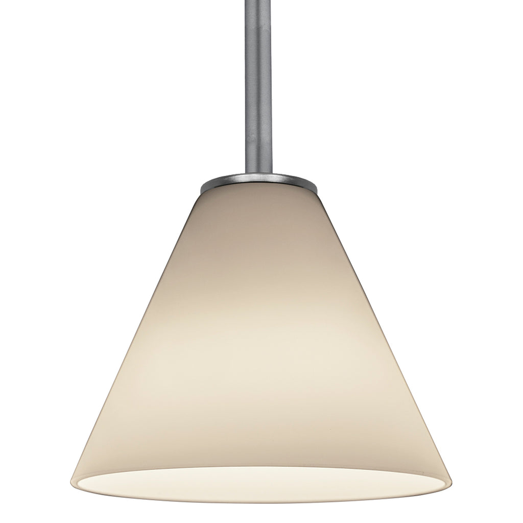 The Martini Pendant (28004-1R-BS/WHT) by Access Lighting features a cone-shaped frosted glass shade and a metal fixture, suspended from the ceiling.