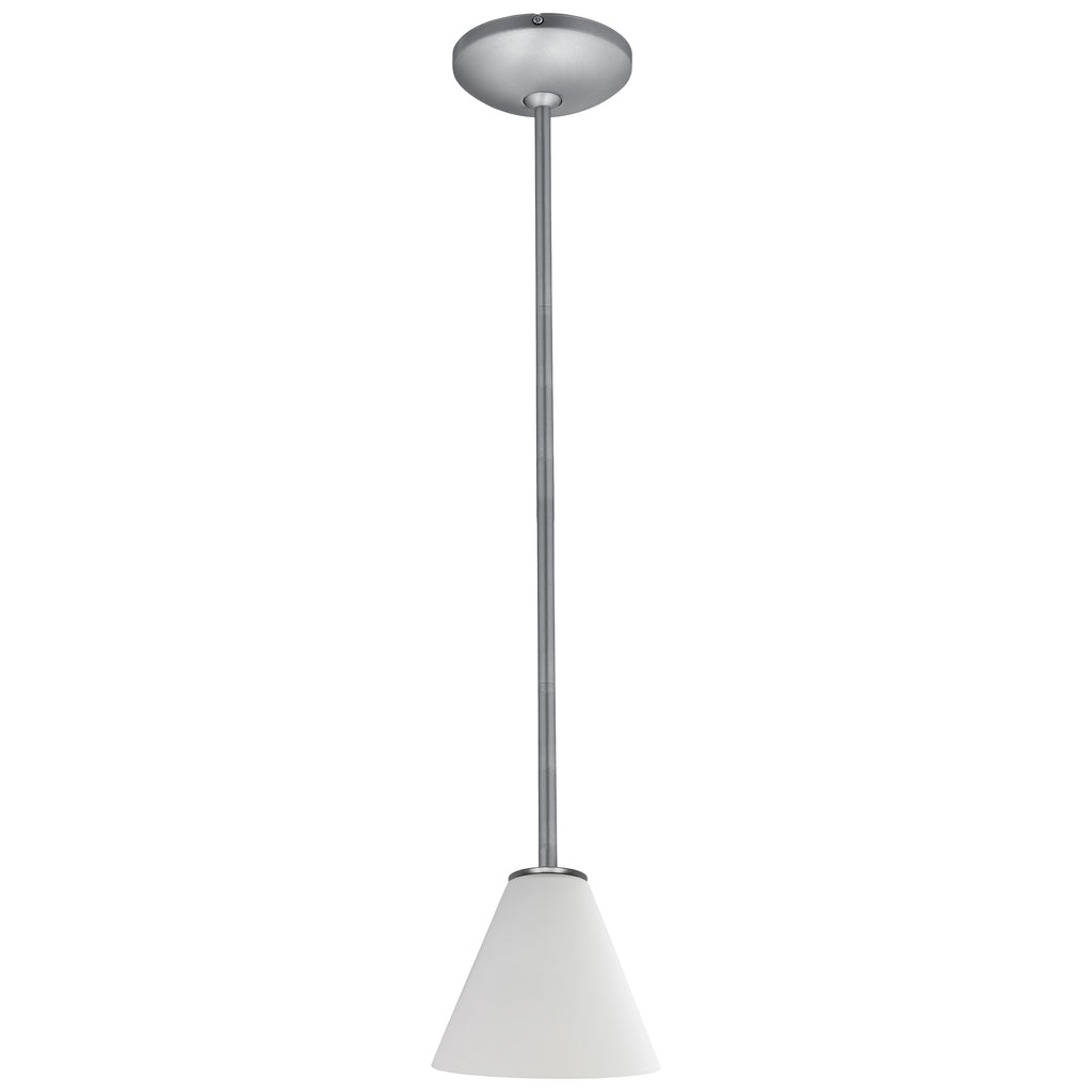 The Martini Pendant (28004-1R-BS/WHT) by Access Lighting is a single pendant ceiling light featuring a metal rod, round ceiling plate, and a white cone-shaped glass shade.