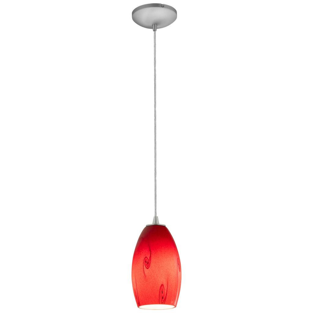 The Merlot LED Pendant (28011-3C-BS/RUSKY) by Access Lighting features a rich red glass shade with subtle swirl patterns, suspended from a single cord and finished with a sleek silver ceiling mount.