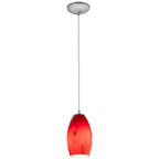 The Merlot LED Pendant (28011-3C-BS/RUSKY) by Access Lighting features a rich red glass shade with subtle swirl patterns, suspended from a single cord and finished with a sleek silver ceiling mount.