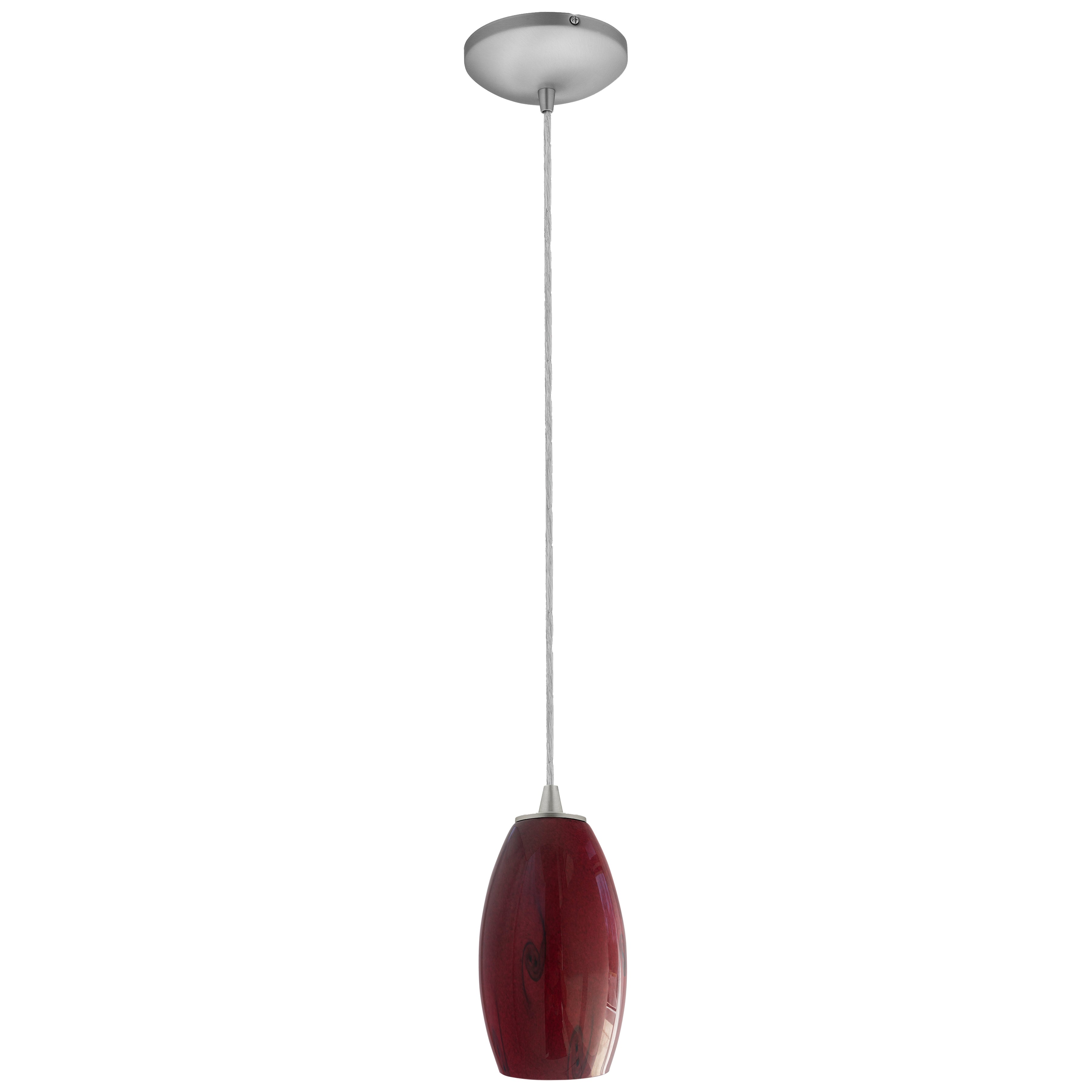 The Merlot LED Pendant by Access Lighting (28011-3C-BS/RUSKY) features a silver ceiling mount, a slender cord, and a glossy red glass shade.