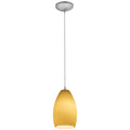 The Access Lighting Champagne Pendant (28012-1C-BS/MYA) features a frosted yellow glass shade suspended from a ceiling mount by a cord.